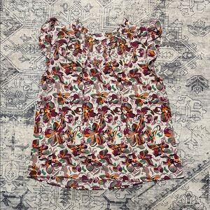 THML Floral Ruffle Sleeve Blouse in White with Purple & Orange Print